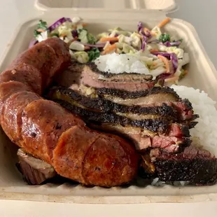 Brisket plate lunch with sausage