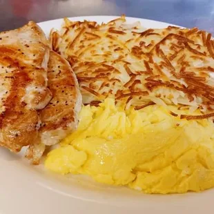 Boneless pork chops and eggs