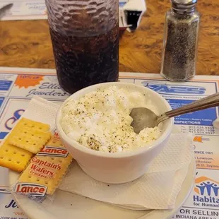 One of the two sides my favorite cottage cheese black pepper Captain's wafers. Diet Pepsi