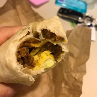 Spicy chorizo breakfast burrito! Yes! Spicy! Love!