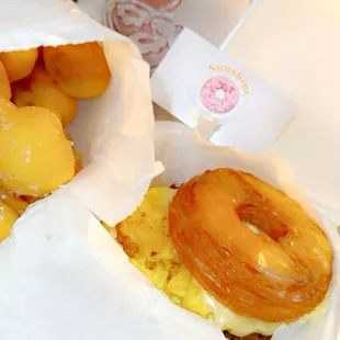 -Sausage Bacon Egg and Cheese Croughnut Breakfast Sandwich  -Glazed Donut Holes