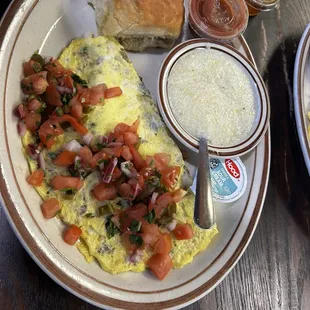 Mexican Omelette with Grits, and a Biscuit.