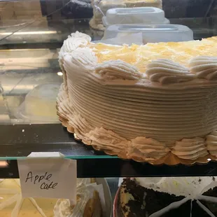 Delicious apple cake at the top and black bottom cheesecake underneath.