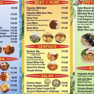 Menu with new prices