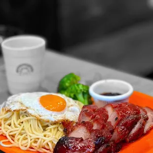 Bbq pork with spaghetti and fried egg | @what.eva.eats