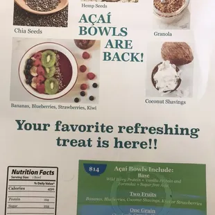 Açaí bowl menu as of April 2022