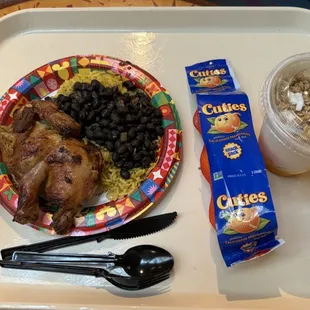 Chicken and rice &amp; beans with mango parfait and tangerines