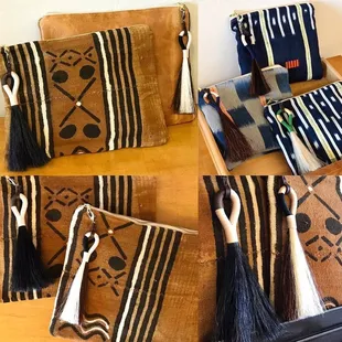 Ponytail Pouches with Horse Hair Tassels (vintage mudcloth or indigo) by Willie&apos;s Fort available at Sunshine Shop Tucson.