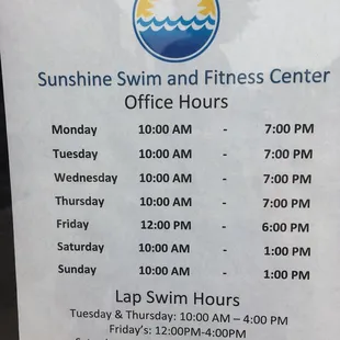 Updated office and lap swim hours