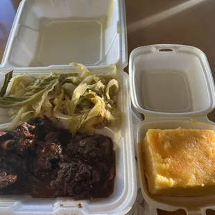 I told y'all this place don't miss. Who wants to cook on a Friday anyways . Oxtails, Macaroni n cheese, Cabbage  Come on through