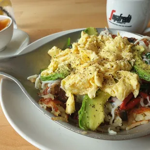 Healthy choice in skillet form with fresh cut fruit.mmmmmm