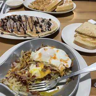Chicken and Waffle, Chocolate Chip Pancakes, Meat Lovers Skillet