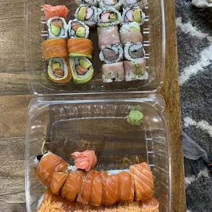 Salmon avocado roll, yellowtail roll, California roll, firecracker roll, 3 amigos roll