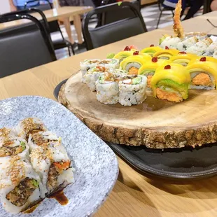 Salmon skin roll, unagi roll, mango madness, and shrimp tempura