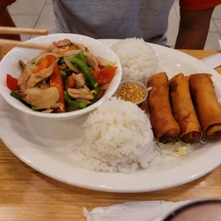 C. Garlic Chicken Stir-Fried and Spring Rolls (3 pcs)
