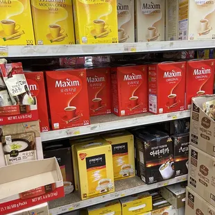 a shelf full of boxes of food