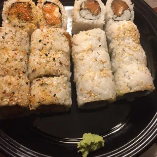 Thanks for yet another great sushi dinner. These are spicy salmon and salmon rolls and i asked for less rice and they are great