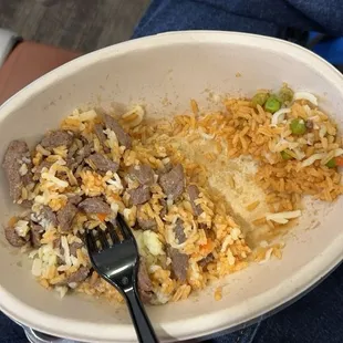 Steak Bowl w/ rice and shredded cheese