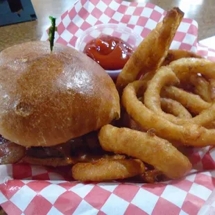 Cowboy Burger with onion rings.
