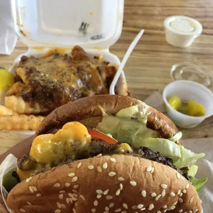 Double cheeseburger and chili fries