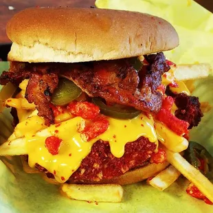 Hot Cheeto/ Taki Nitro  Sandwich has Spicy Mayo,Jalapenos, Bacon, Pepper-Jack Cheese, Nacho Cheese, &amp; Fries