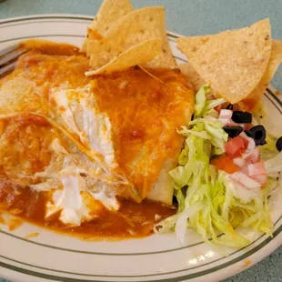 Chili Rellleno Burrito topped with red chili and cheese