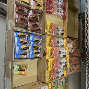 a variety of snacks on shelves