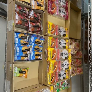 a variety of snacks on shelves