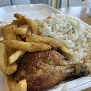 1/4 Chicken (Dark Meat) rice and fries
