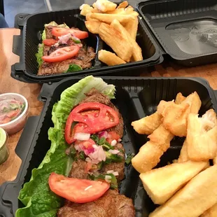 Carne Asada with fried yucca side - even in a plastic to-go box, beautifully plated lol. Now THAT&apos;S love.
