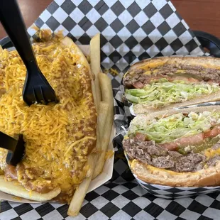 a cheeseburger and french fries