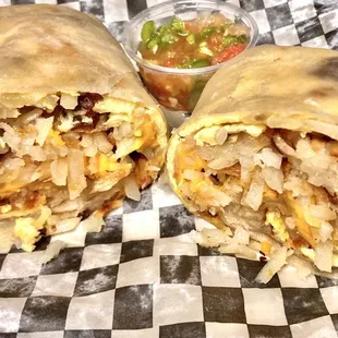 Sausage Breakfast Burrito w/ hashbrowns, eggs &amp; cheese. So good, w/ fresh salsa on side.