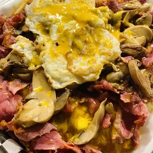 Chili Cheese Pastrami Fries with Egg and Mushrooms