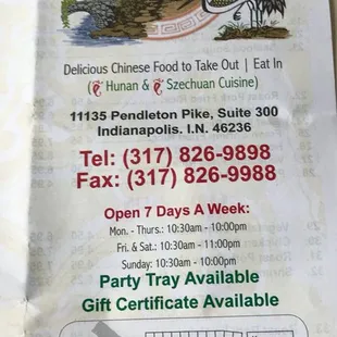Menu for take out orderers