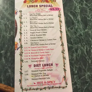 menu for lunch special