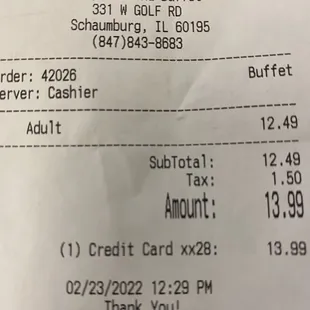 the receipt for the buffet