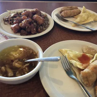 three plates of food on a table