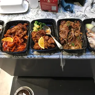 Mongolian beef, sweet and sour pork, dragon and Phoenix, moo goo gai pan, and a mystery free dish (has chicken and very good!)