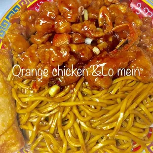 a plate of food with noodles and meat