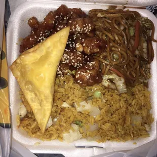 One of the combos they have posted on the wall. I think it&apos;s about $6. (Crab Rangoon was just there for size reference. They&apos;re huge!)