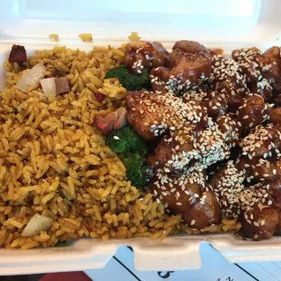 Sesame chicken and pork fried rice