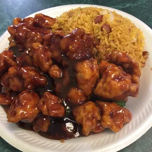 General Tso chicken combination plate. $7.35 Comes with an egg roll &amp; pork fried rice