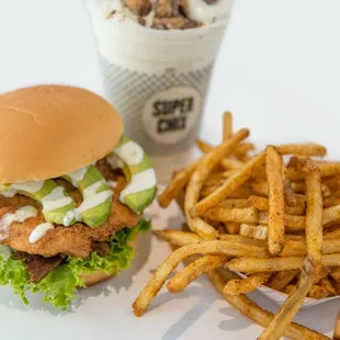 a chicken sandwich and french fries