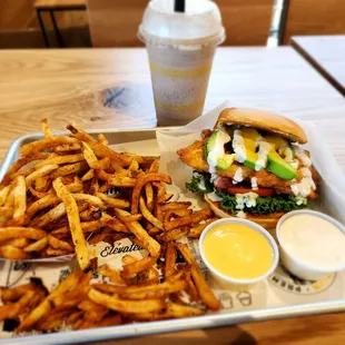 Bacavo Chicken Sandwich, regular fries with Cajun seasoning, cookies &amp; cream shake