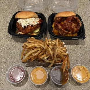 Korean BBQ sandwich, Cheesy BBQ sandwich, fries and various sauces.
