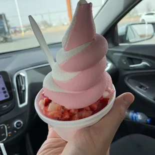 a hand holding a cup of ice cream