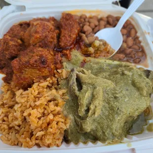 2 item combo w/ beans and rice- chicken pipian and pork spare ribs in red chili