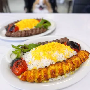 Cholo Koobideh: Ground Beef Kebab w/ rice, bbq tomato ($17.99) + Combo Koobideh: Beef &amp; Chicken Kebab w/ rice, bbq tomato ($19.99)