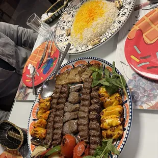 Kubide, chicken thighs, filet mignon, kebab and rice