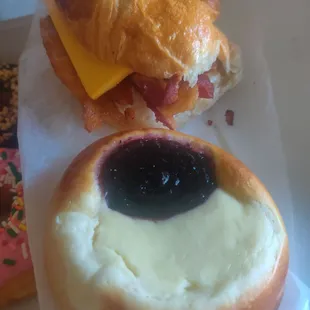 Bacon, egg, and cheese croissantwhich and fruit filled kolache. So yummy!